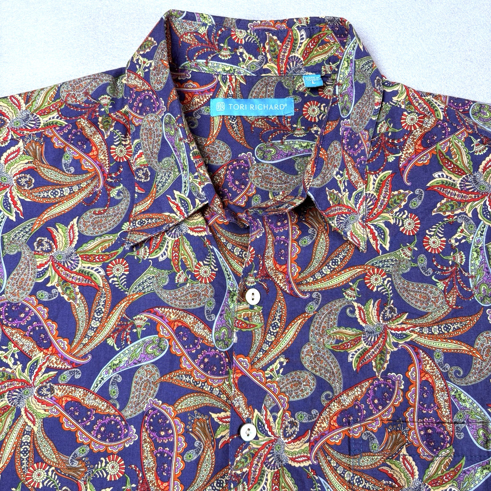 Tori Richard Men's Large Purple Paisley Cotton Lawn Camp Shirt USA Made